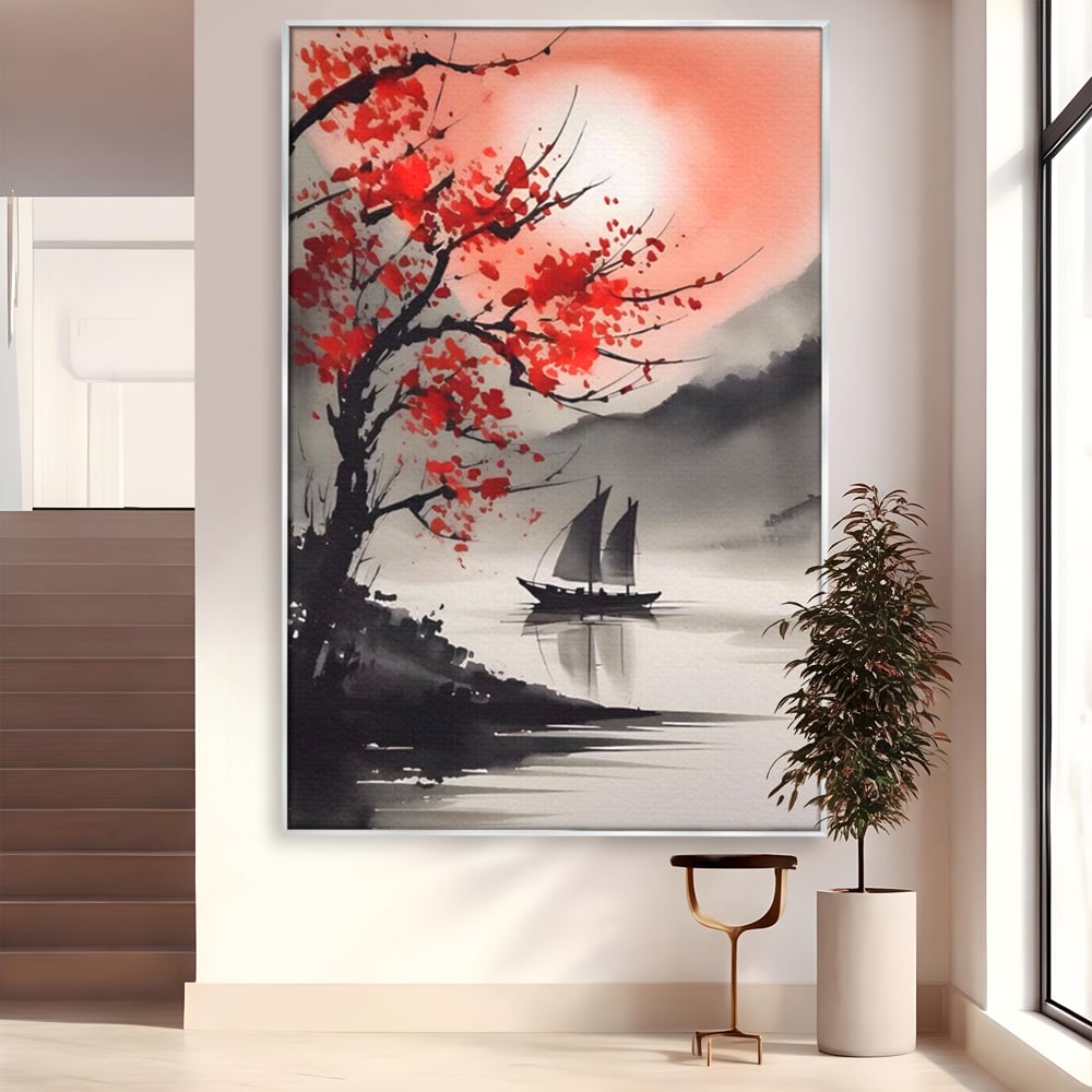 Tablou canvas cu tablou canvas cu barca si copac rosu, in rama de aluminiu argintiu